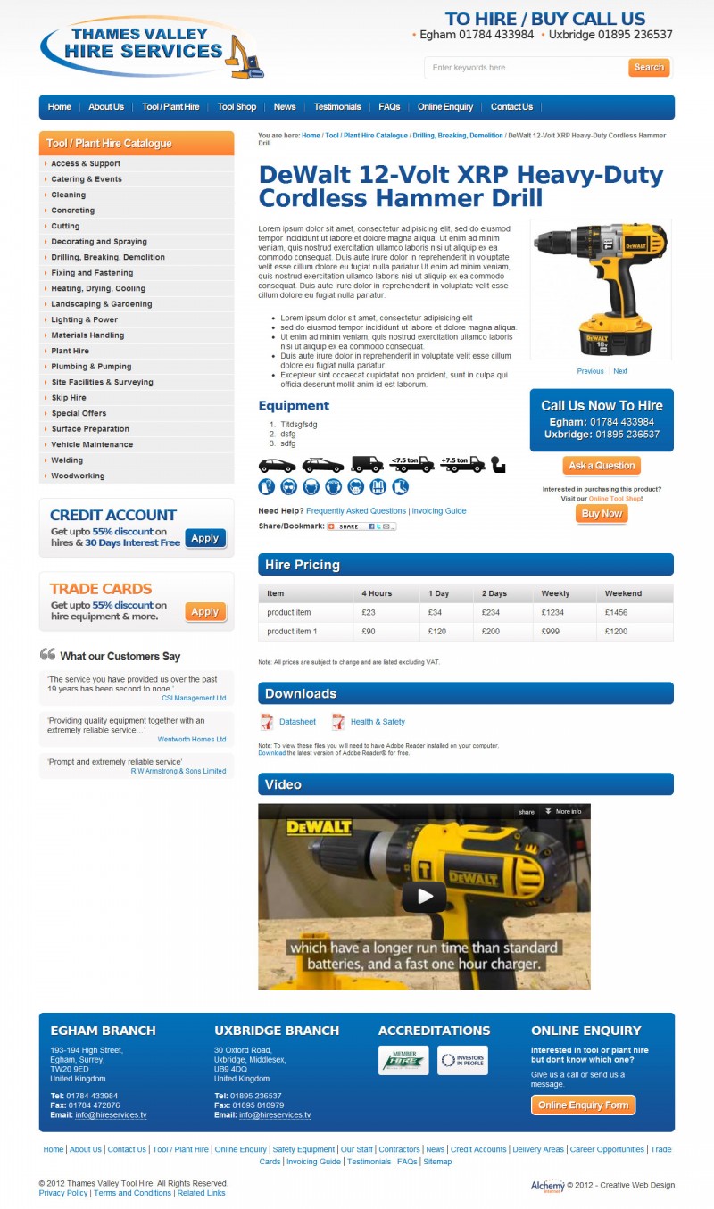 Thames Valley Hire Services - Product Page
